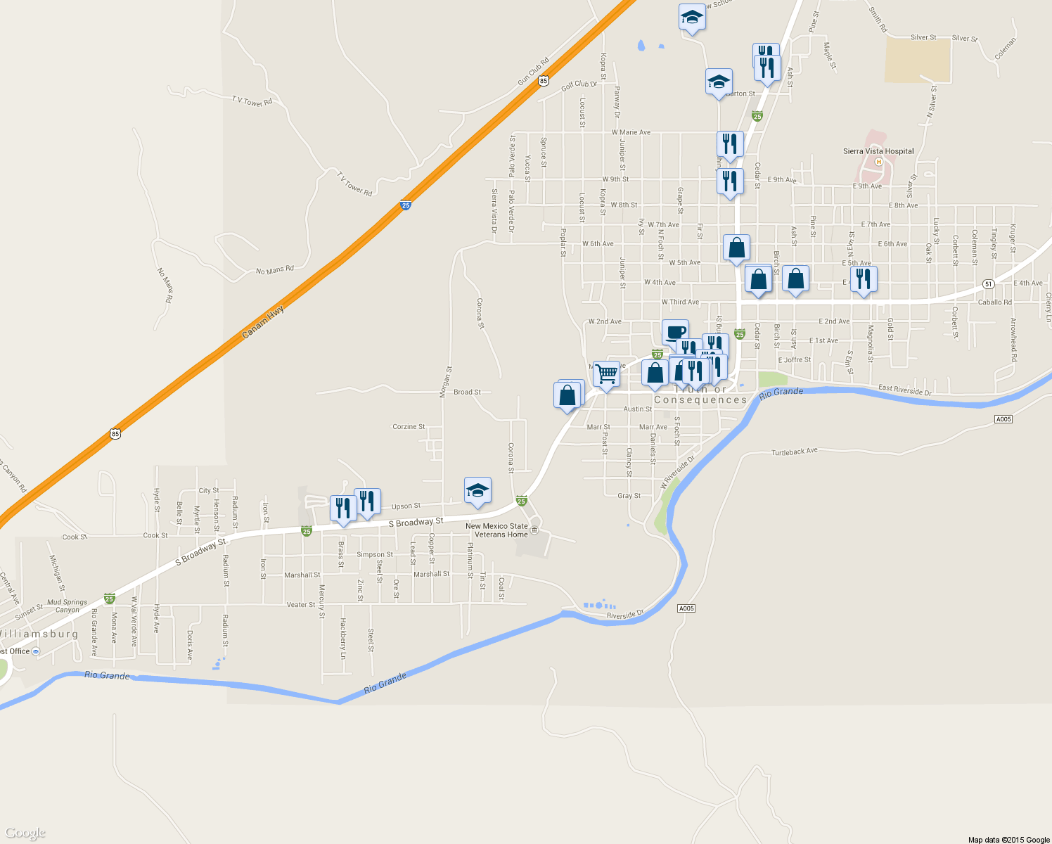 map of restaurants, bars, coffee shops, grocery stores, and more near Camino De Cielo in Truth or Consequences