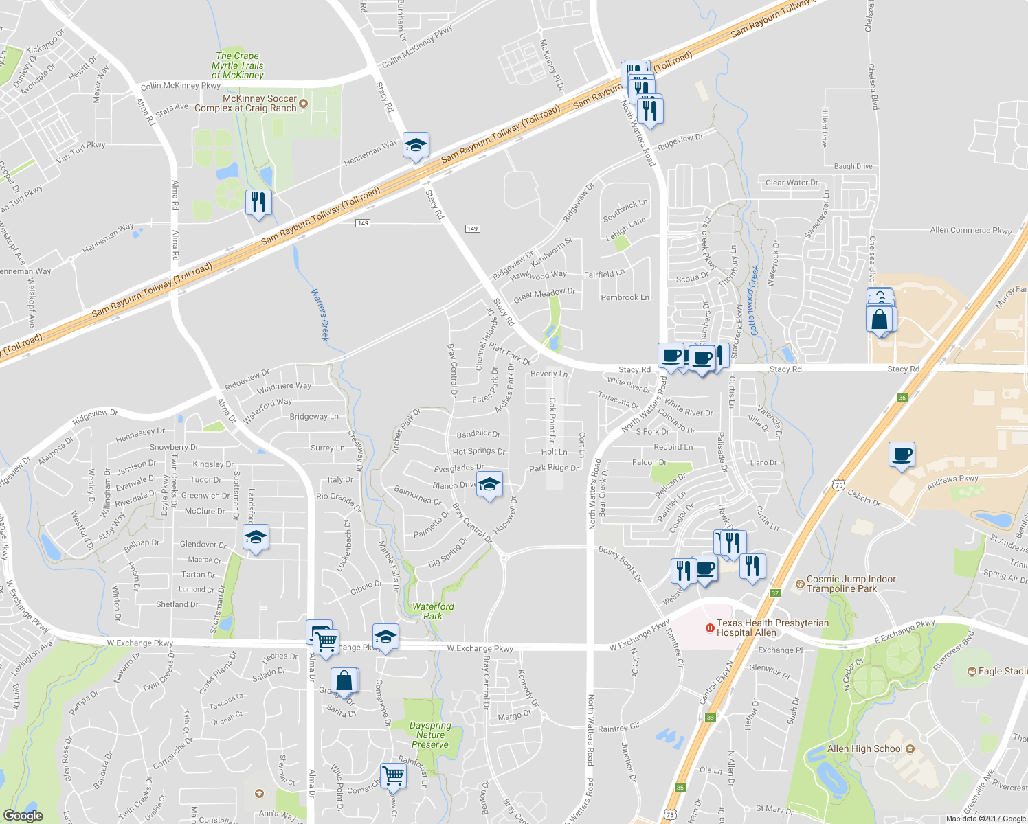 map of restaurants, bars, coffee shops, grocery stores, and more near 2030 Hopewell Drive in Allen