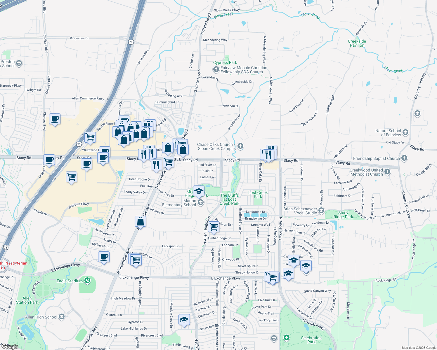 map of restaurants, bars, coffee shops, grocery stores, and more near 1720 Honey Creek Lane in Allen