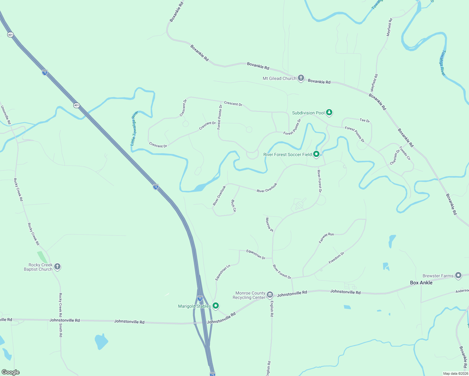 map of restaurants, bars, coffee shops, grocery stores, and more near 601 River Overlook in Forsyth