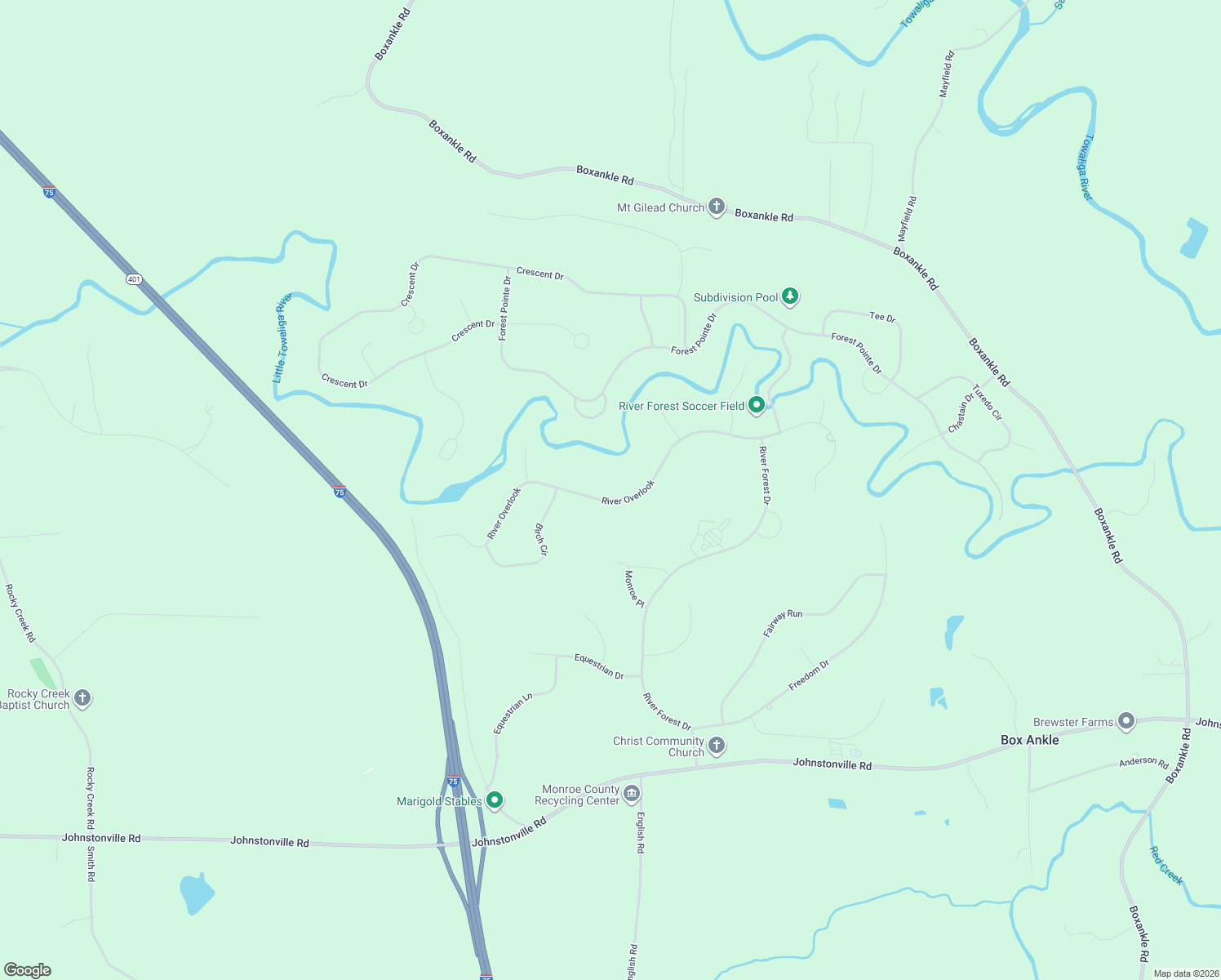 map of restaurants, bars, coffee shops, grocery stores, and more near 512 River Overlook in Forsyth