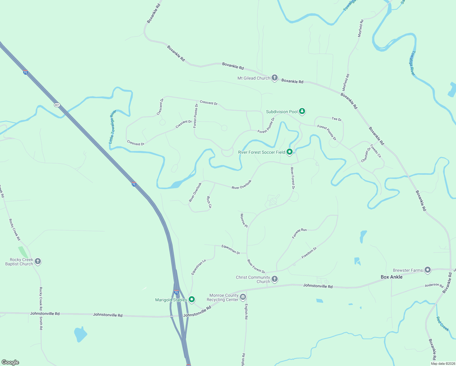 map of restaurants, bars, coffee shops, grocery stores, and more near 512 River Overlook in Forsyth