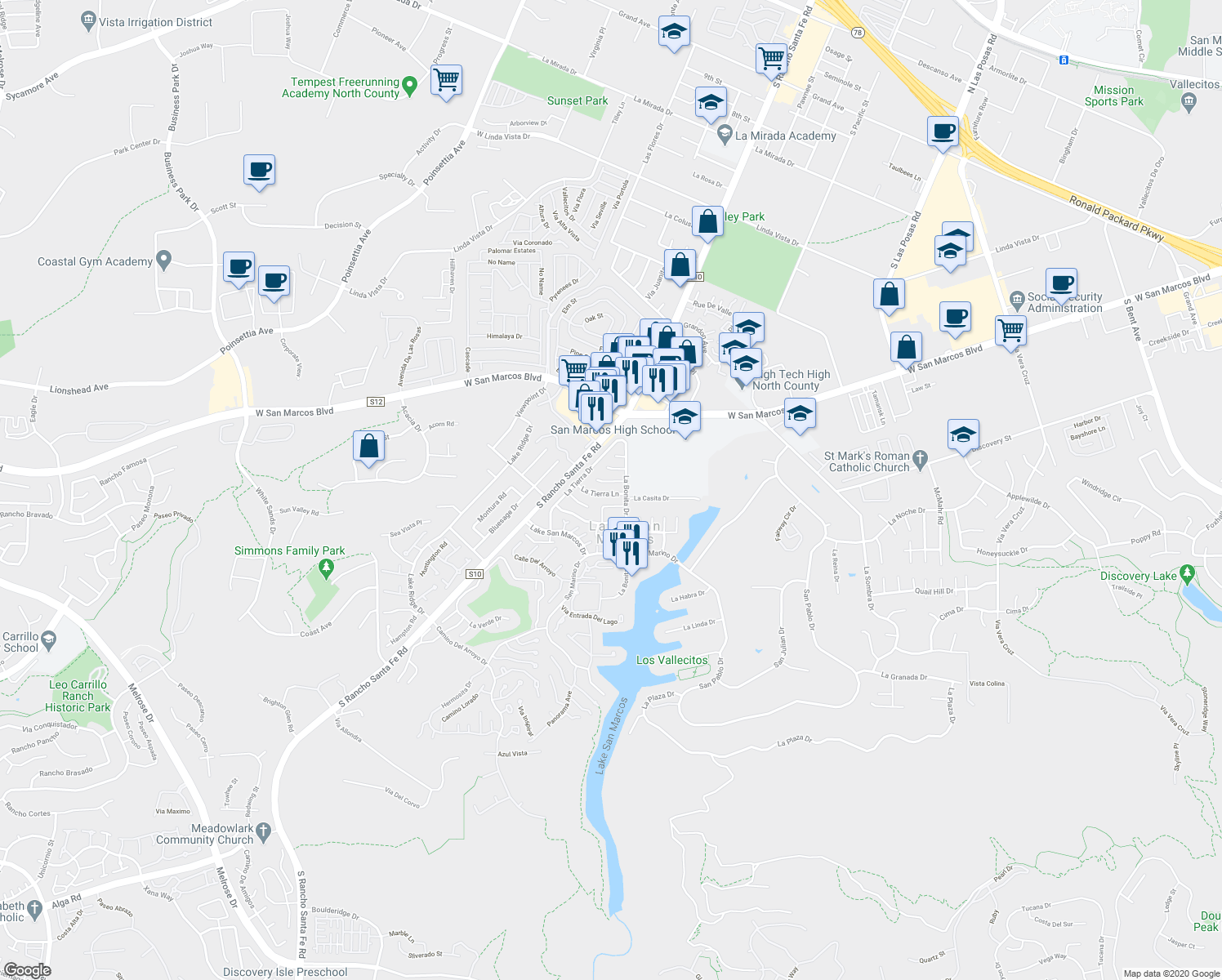 map of restaurants, bars, coffee shops, grocery stores, and more near 1638 La Tierra Lane in San Marcos