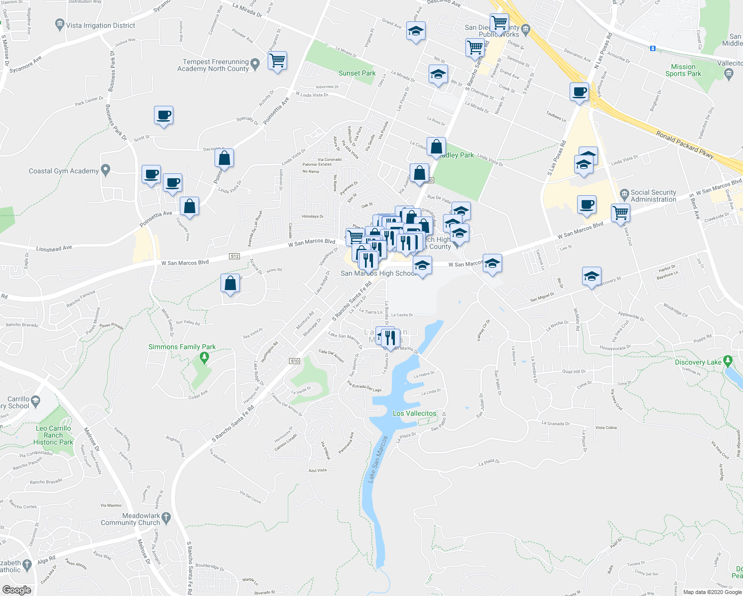 map of restaurants, bars, coffee shops, grocery stores, and more near 1623 La Bonita Way in San Marcos