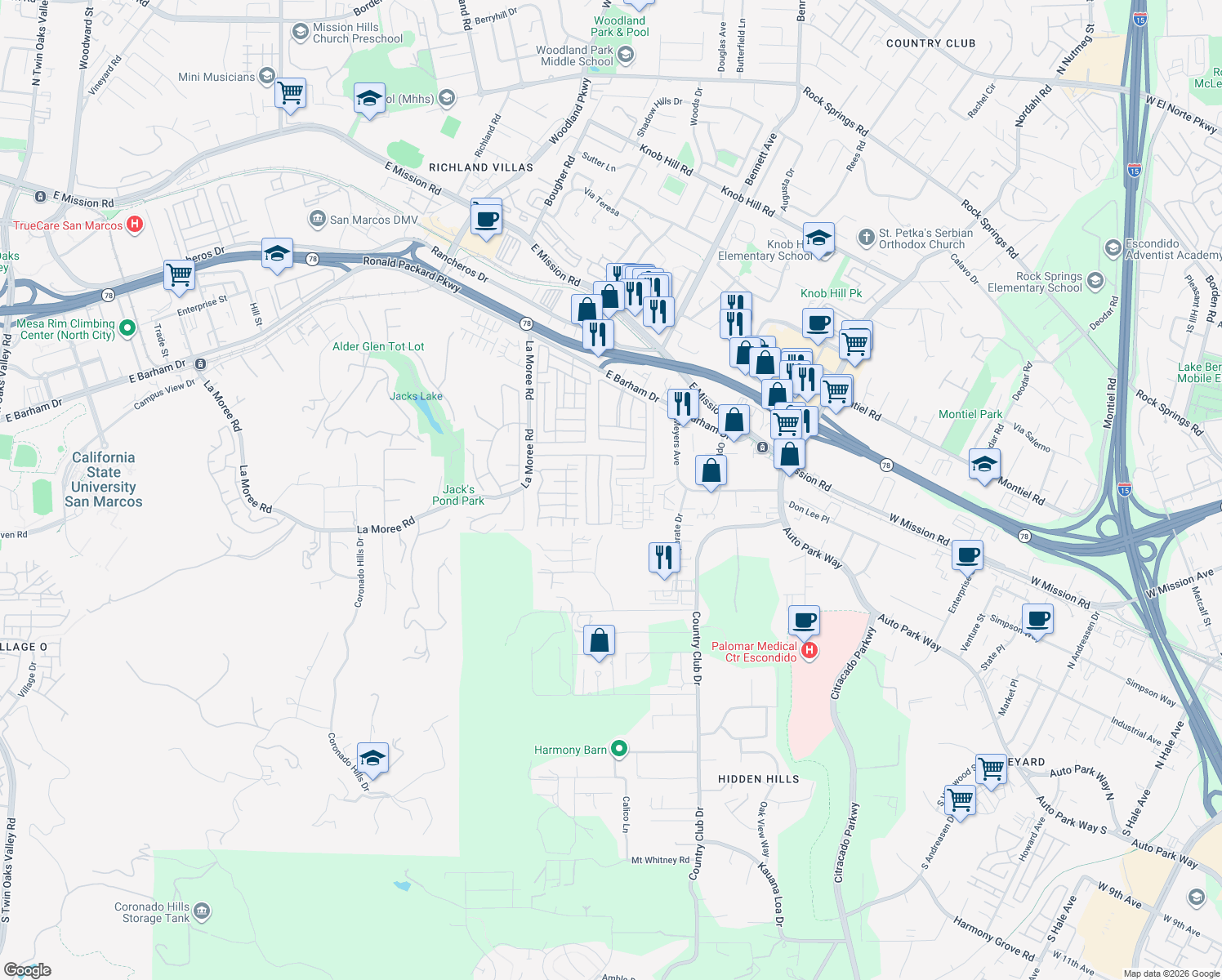 map of restaurants, bars, coffee shops, grocery stores, and more near Poco Grande Vista in San Marcos