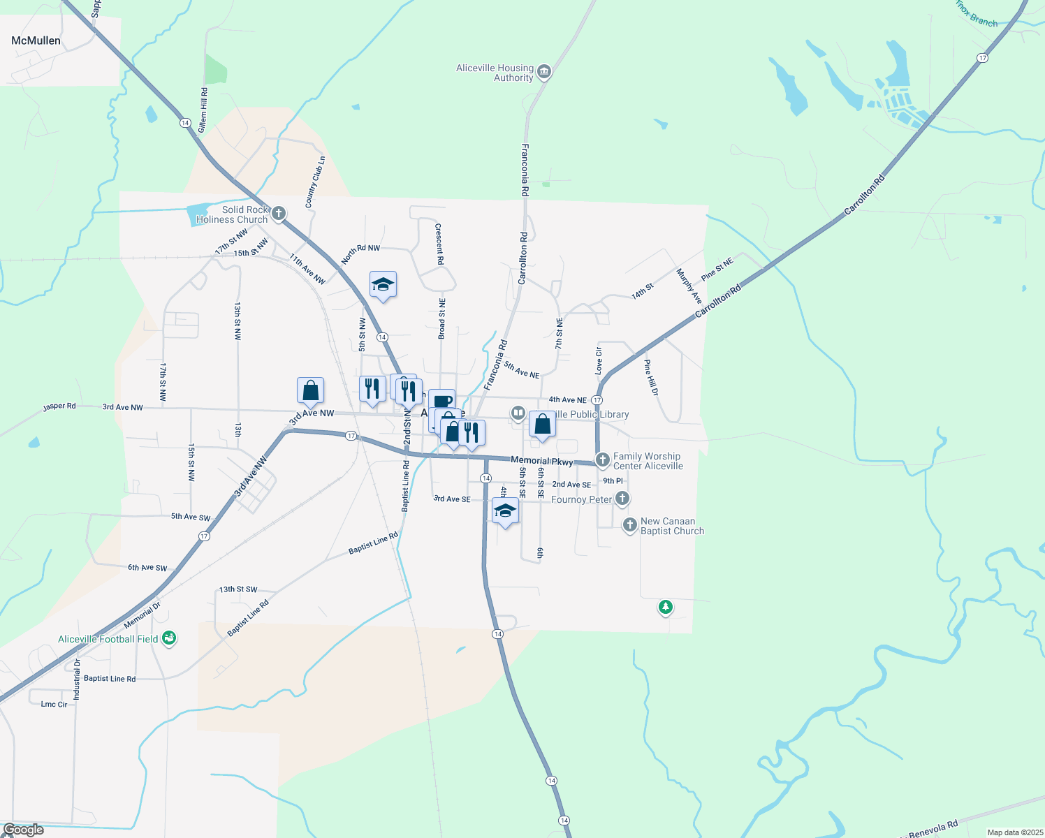 map of restaurants, bars, coffee shops, grocery stores, and more near 498 3rd Avenue Northeast in Aliceville