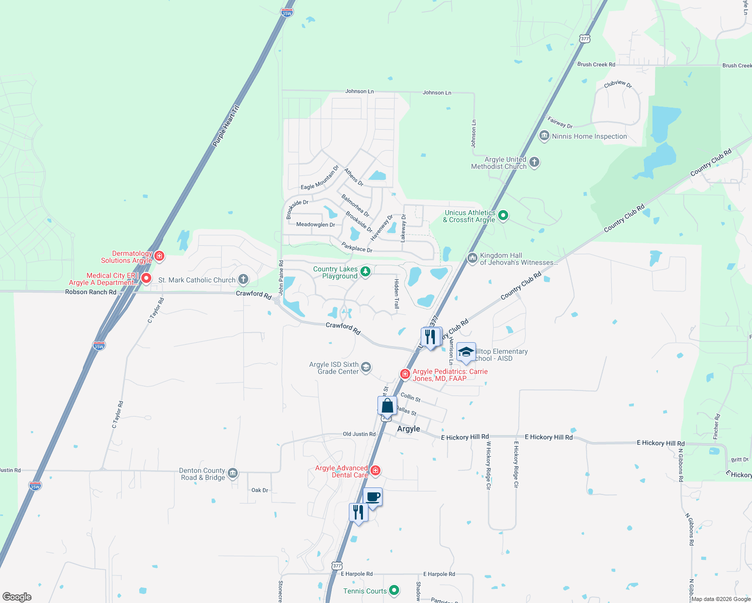 map of restaurants, bars, coffee shops, grocery stores, and more near 312 Wooded Ct in Argyle