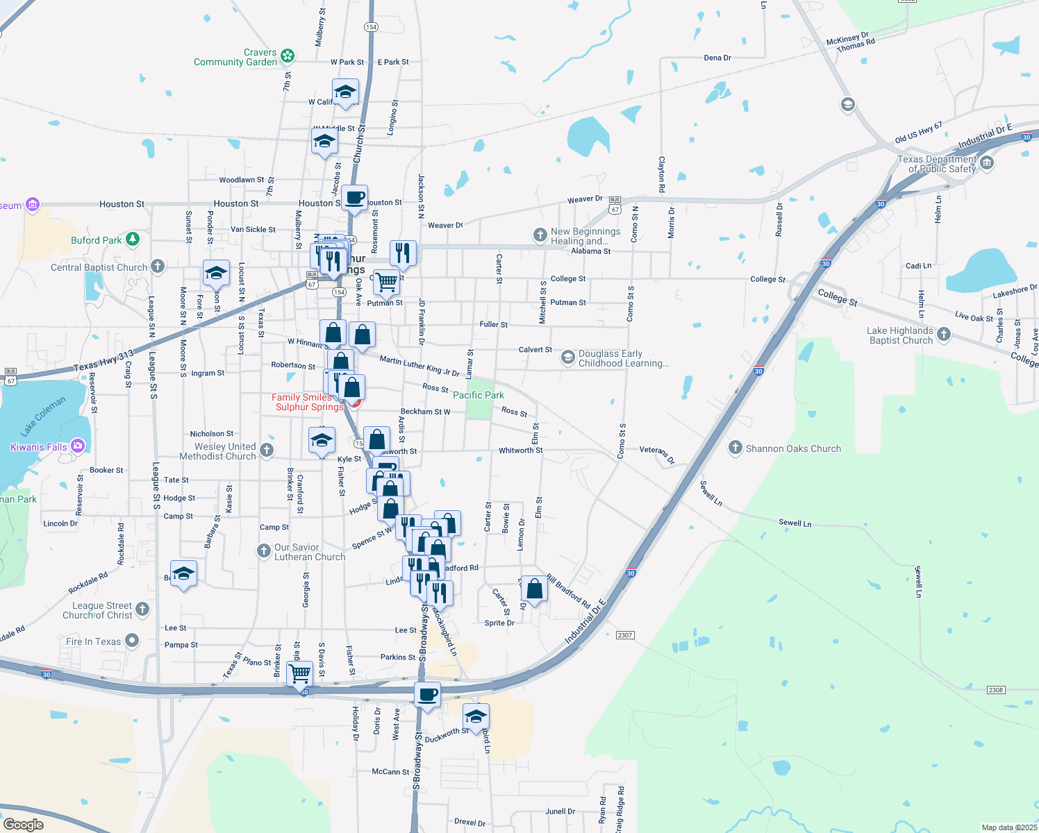 map of restaurants, bars, coffee shops, grocery stores, and more near 416 Ross Street in Sulphur Springs