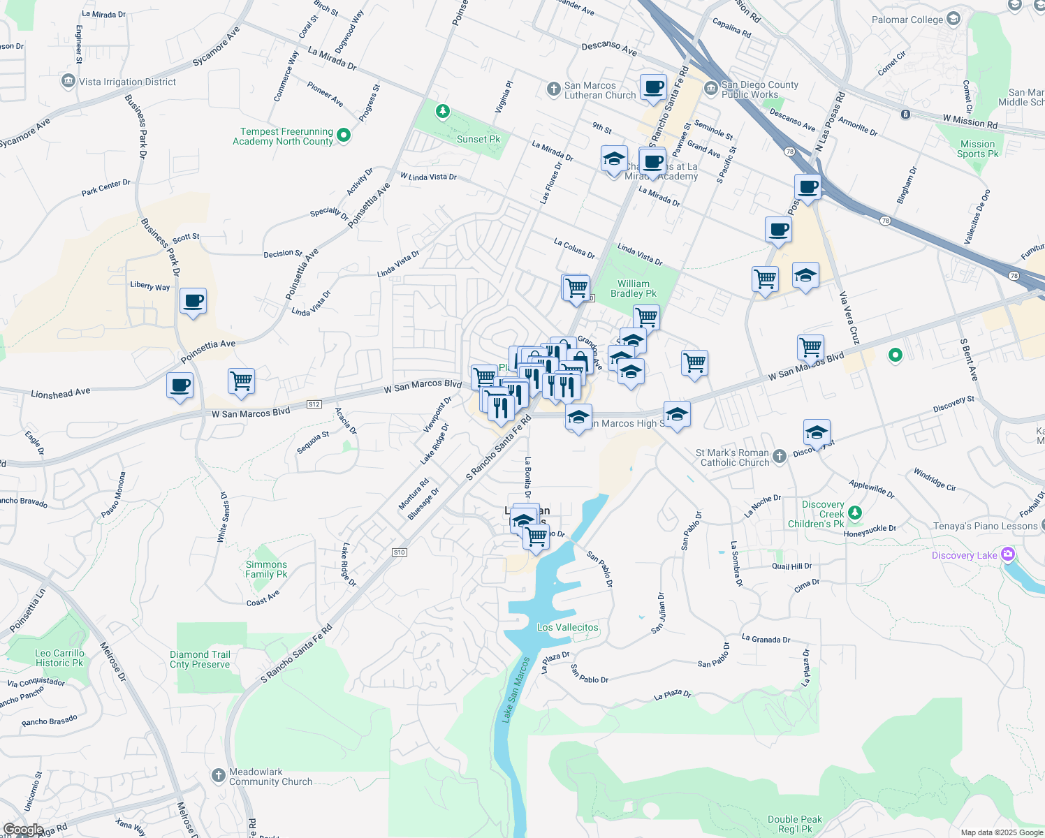 map of restaurants, bars, coffee shops, grocery stores, and more near 818 Rancho Santa Fe Road in San Marcos