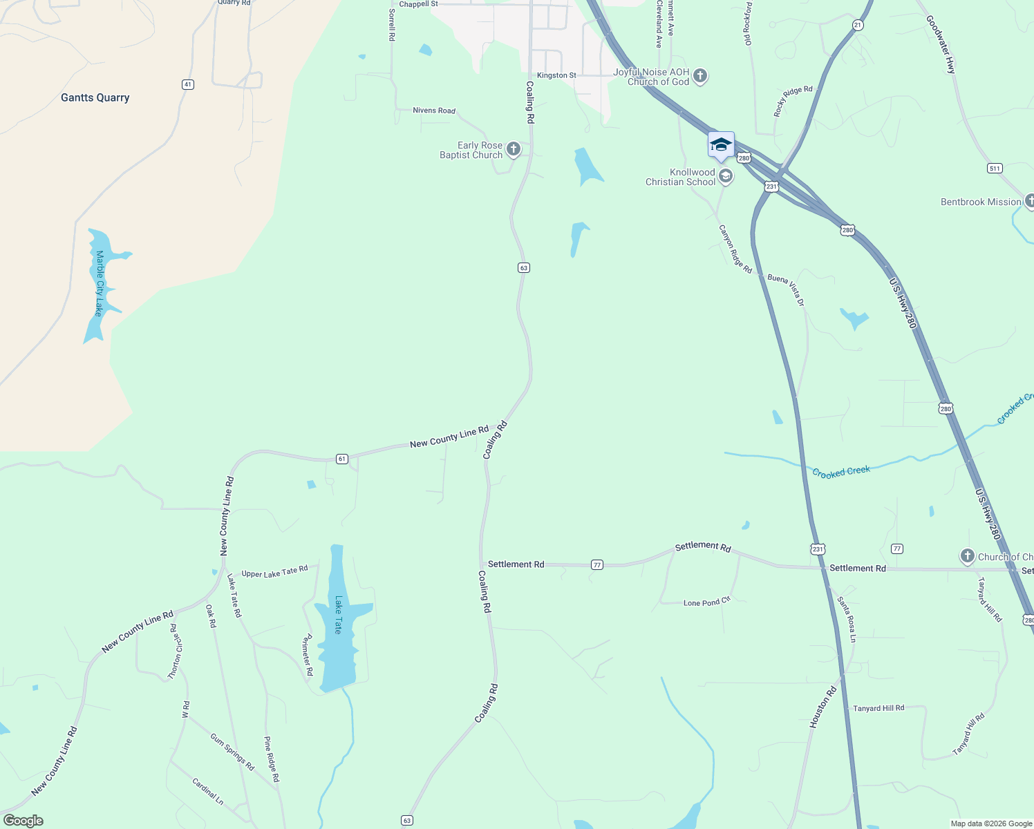map of restaurants, bars, coffee shops, grocery stores, and more near 1923 Coaling Road in Sylacauga