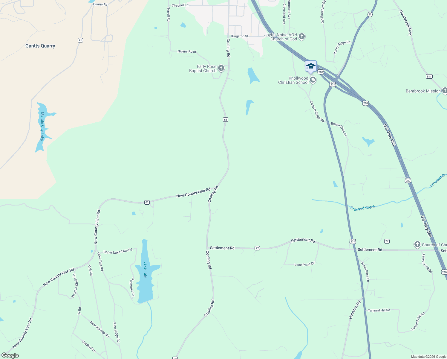 map of restaurants, bars, coffee shops, grocery stores, and more near 1923 Coaling Road in Sylacauga