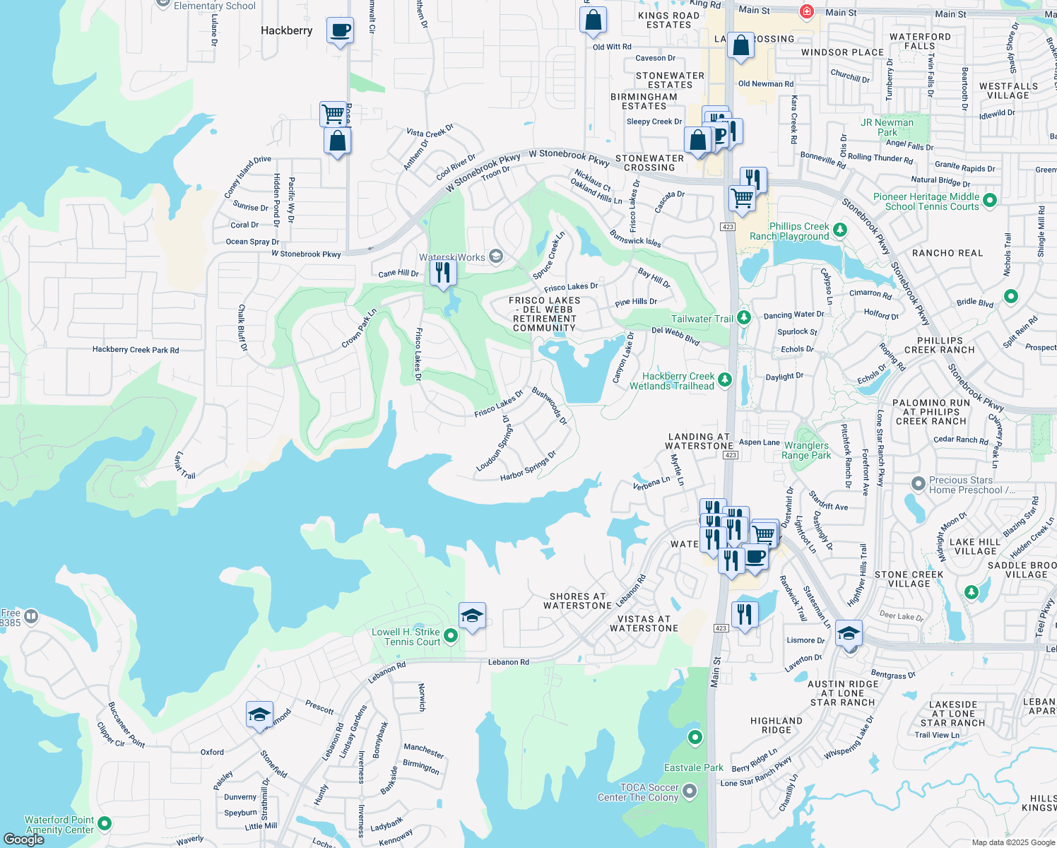 map of restaurants, bars, coffee shops, grocery stores, and more near 1093 Imperial Valley Lane in Frisco