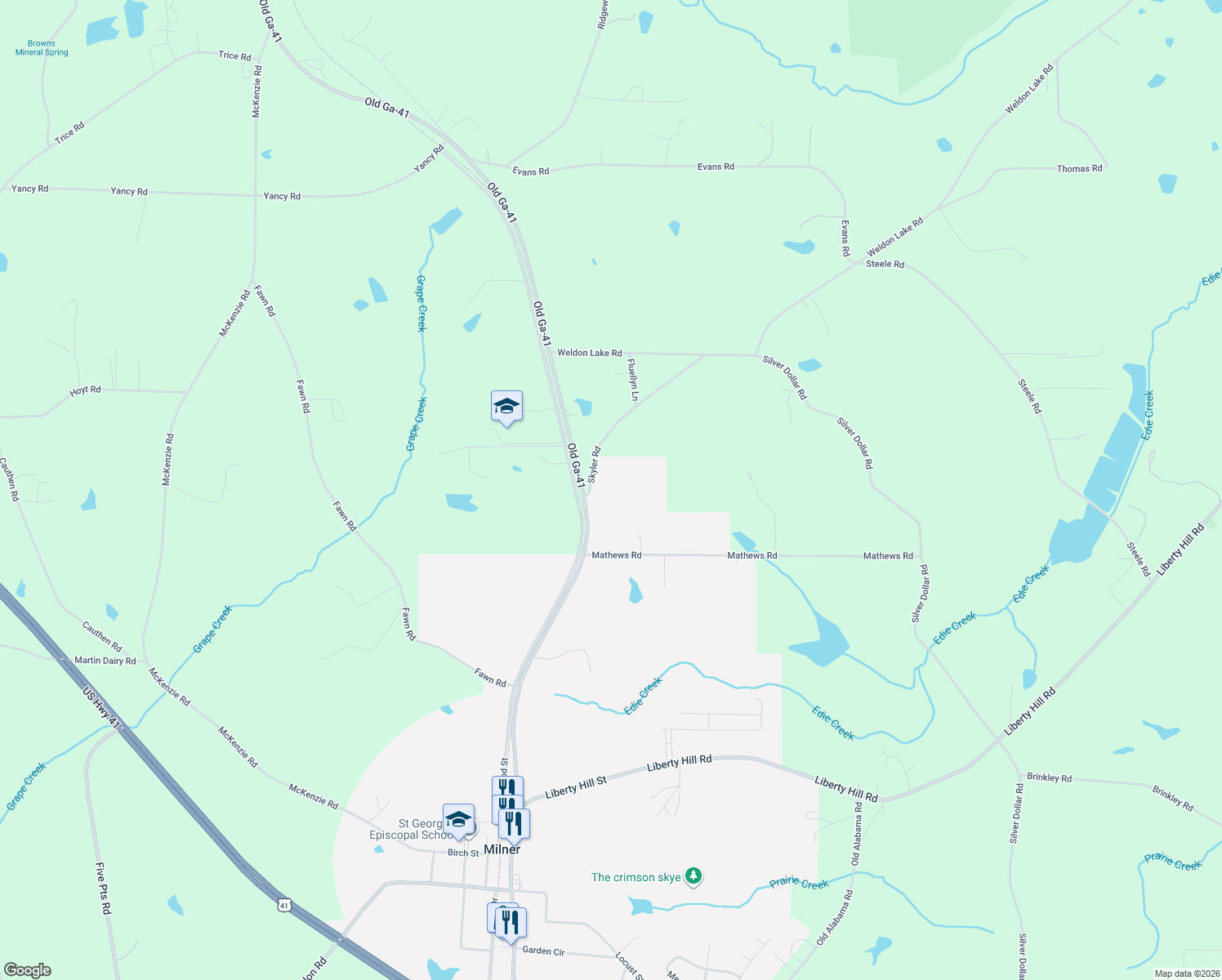 map of restaurants, bars, coffee shops, grocery stores, and more near 105 Skyler Road in Milner