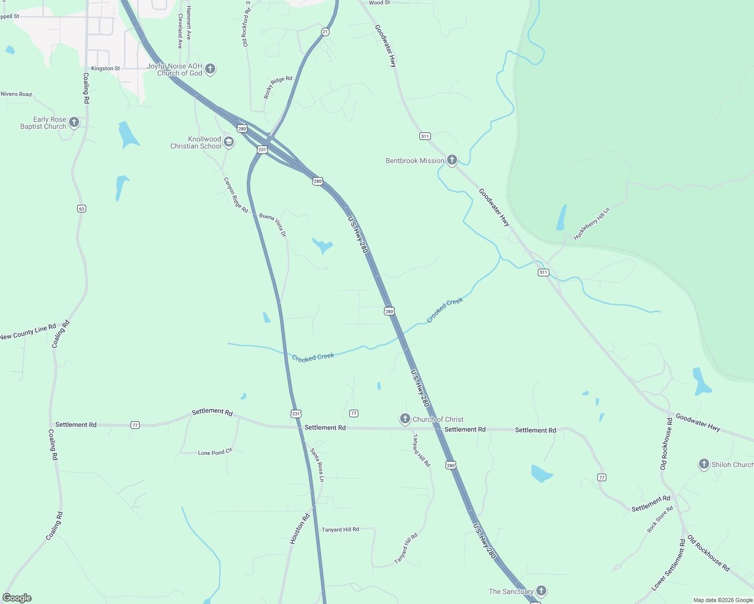 map of restaurants, bars, coffee shops, grocery stores, and more near 58 Woodland Road in Sylacauga