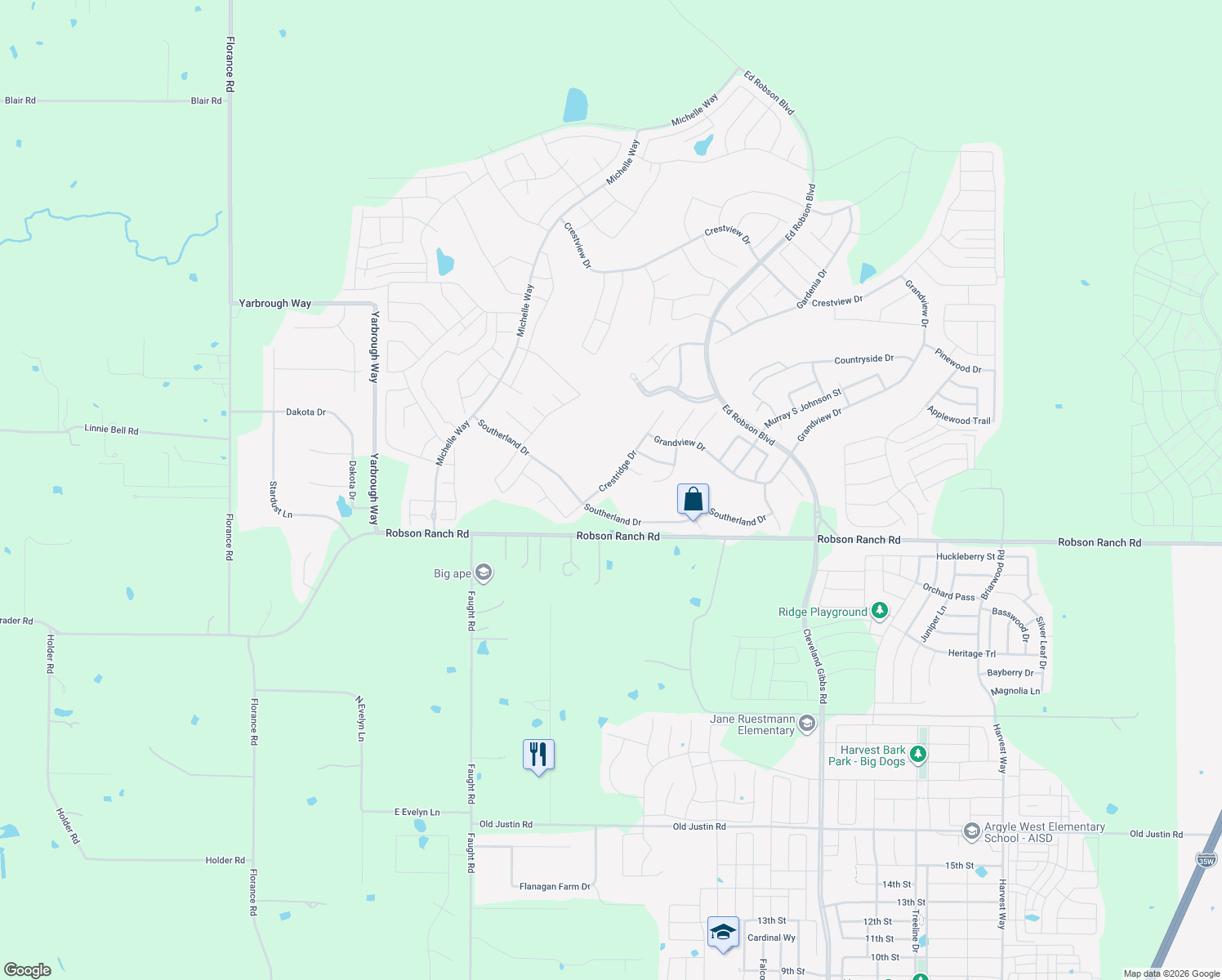 map of restaurants, bars, coffee shops, grocery stores, and more near 9917 Crestridge Drive in Denton