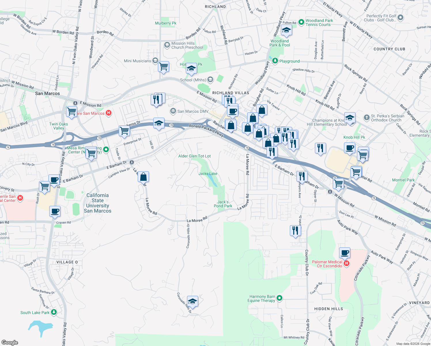 map of restaurants, bars, coffee shops, grocery stores, and more near 654 Edgewater Dr in San Marcos