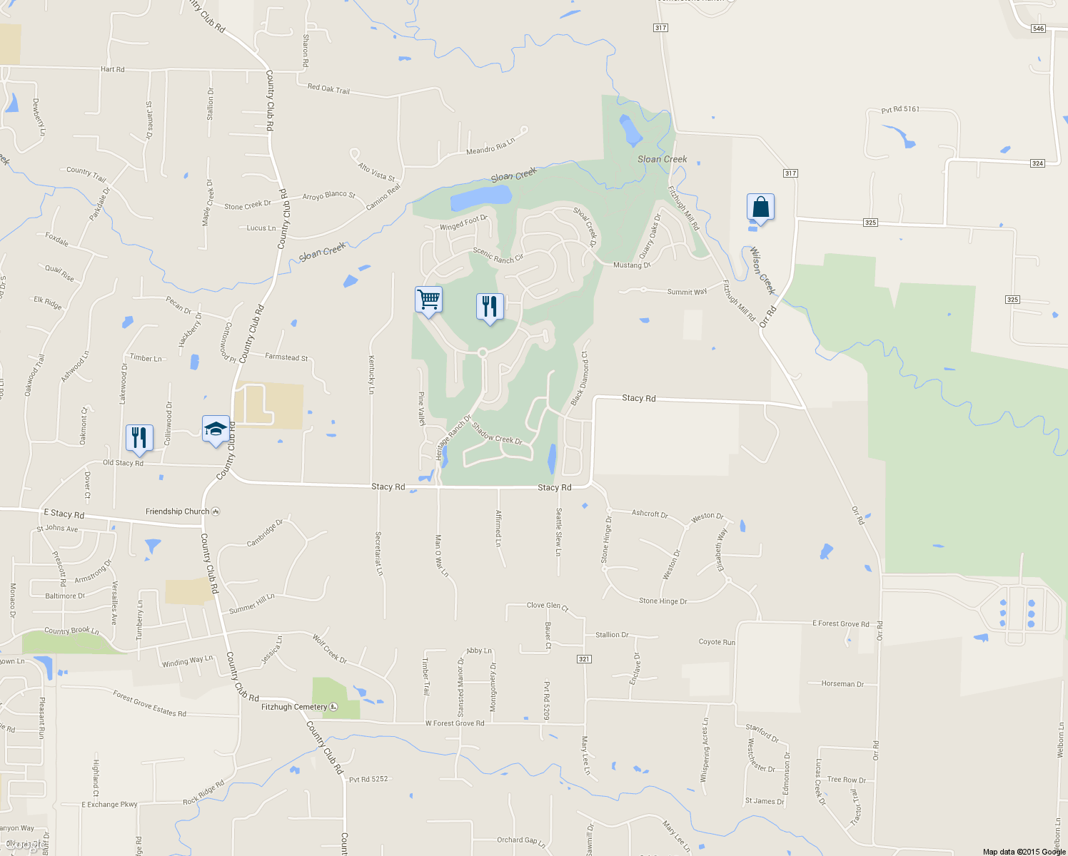 map of restaurants, bars, coffee shops, grocery stores, and more near 351 Hitching Post Drive in Fairview