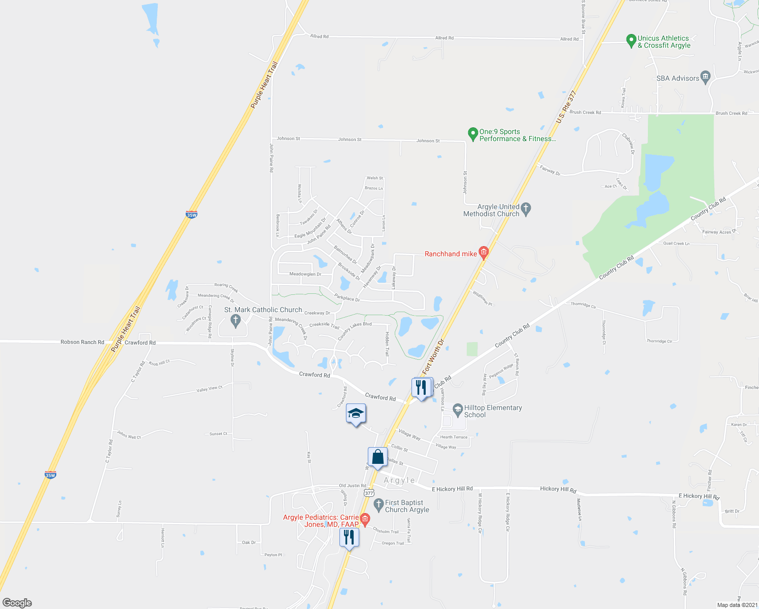 map of restaurants, bars, coffee shops, grocery stores, and more near 5201 Parkplace Drive in Argyle