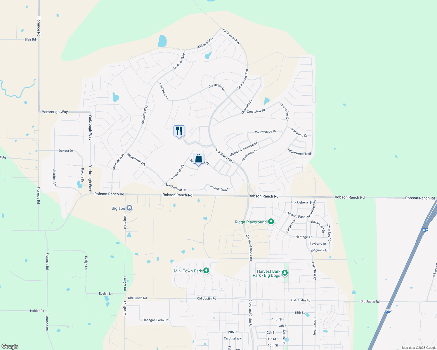 map of restaurants, bars, coffee shops, grocery stores, and more near 9925 Grandview Dr in Denton
