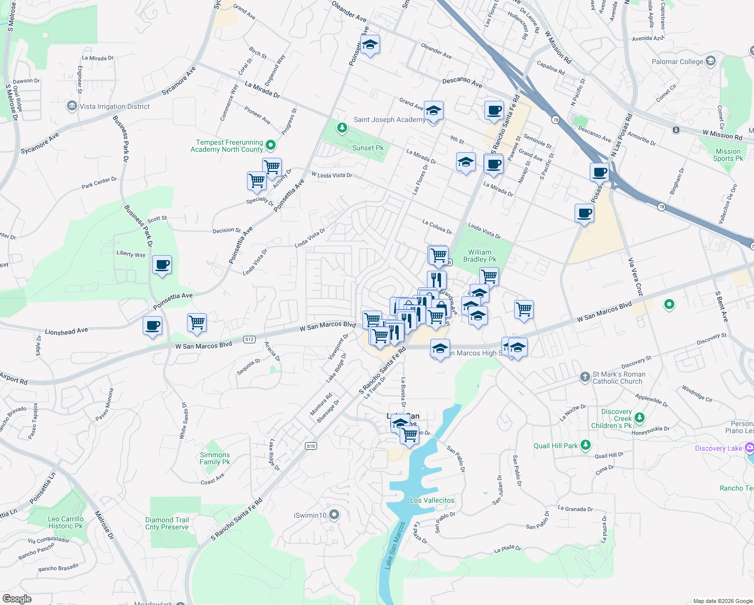 map of restaurants, bars, coffee shops, grocery stores, and more near Fir St in San Marcos