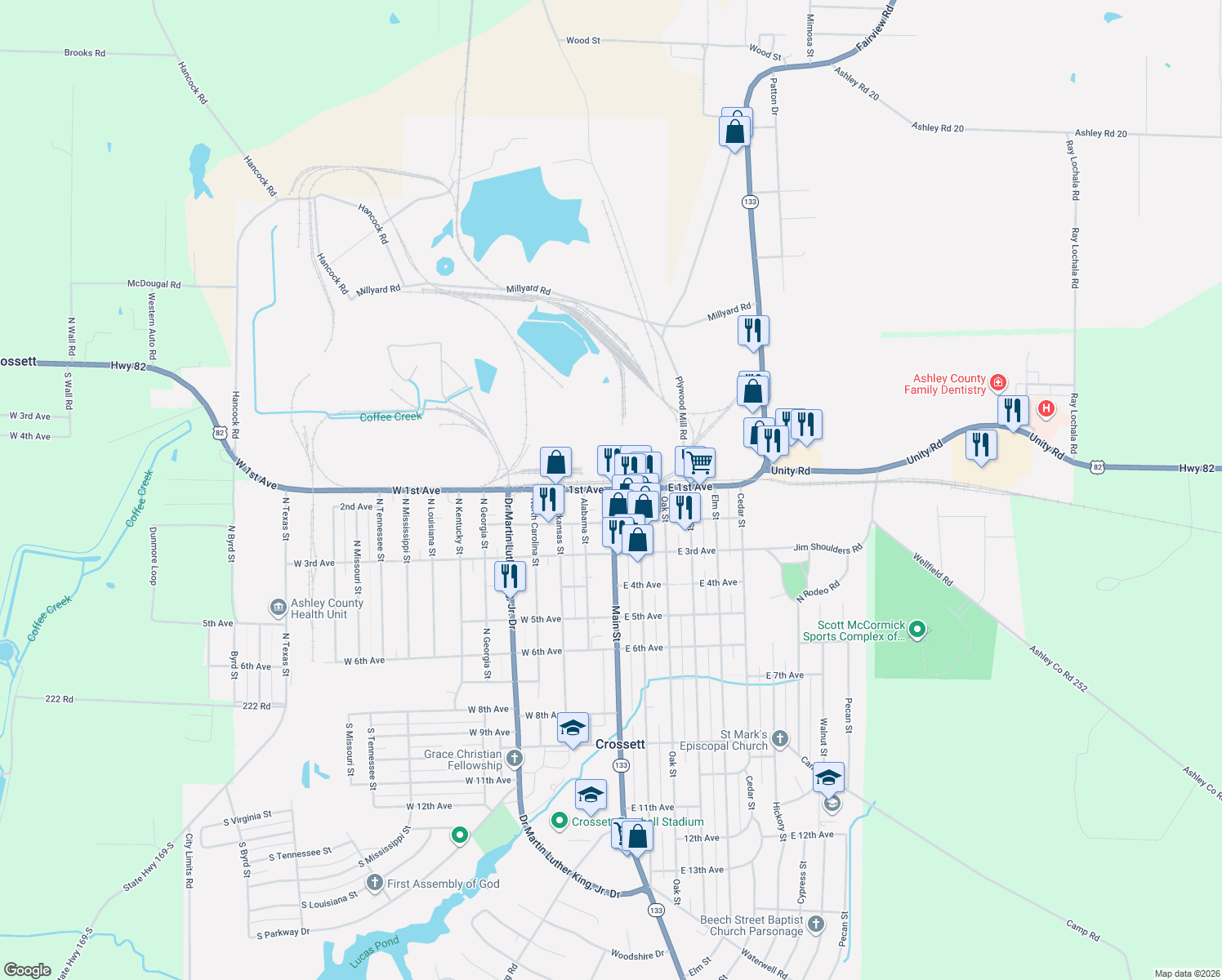 map of restaurants, bars, coffee shops, grocery stores, and more near 100 West 1st Avenue in Crossett