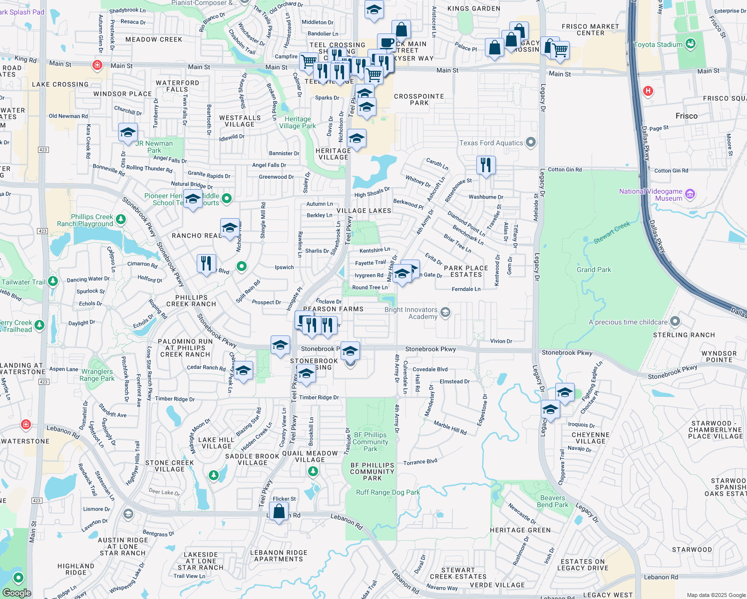map of restaurants, bars, coffee shops, grocery stores, and more near 3136 Pack Saddle Way in Frisco