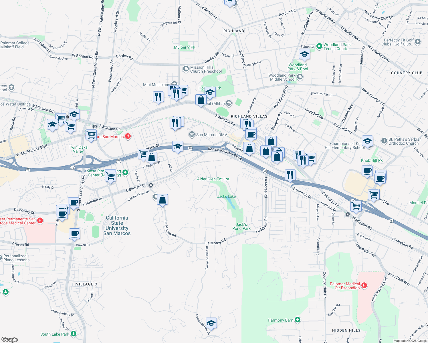 map of restaurants, bars, coffee shops, grocery stores, and more near 376 Flower Hill Way in San Marcos