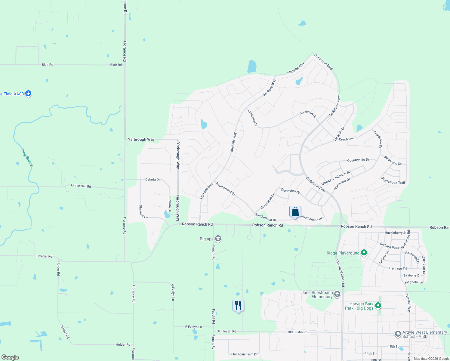 map of restaurants, bars, coffee shops, grocery stores, and more near 11809 Lynnbrook Drive in Denton