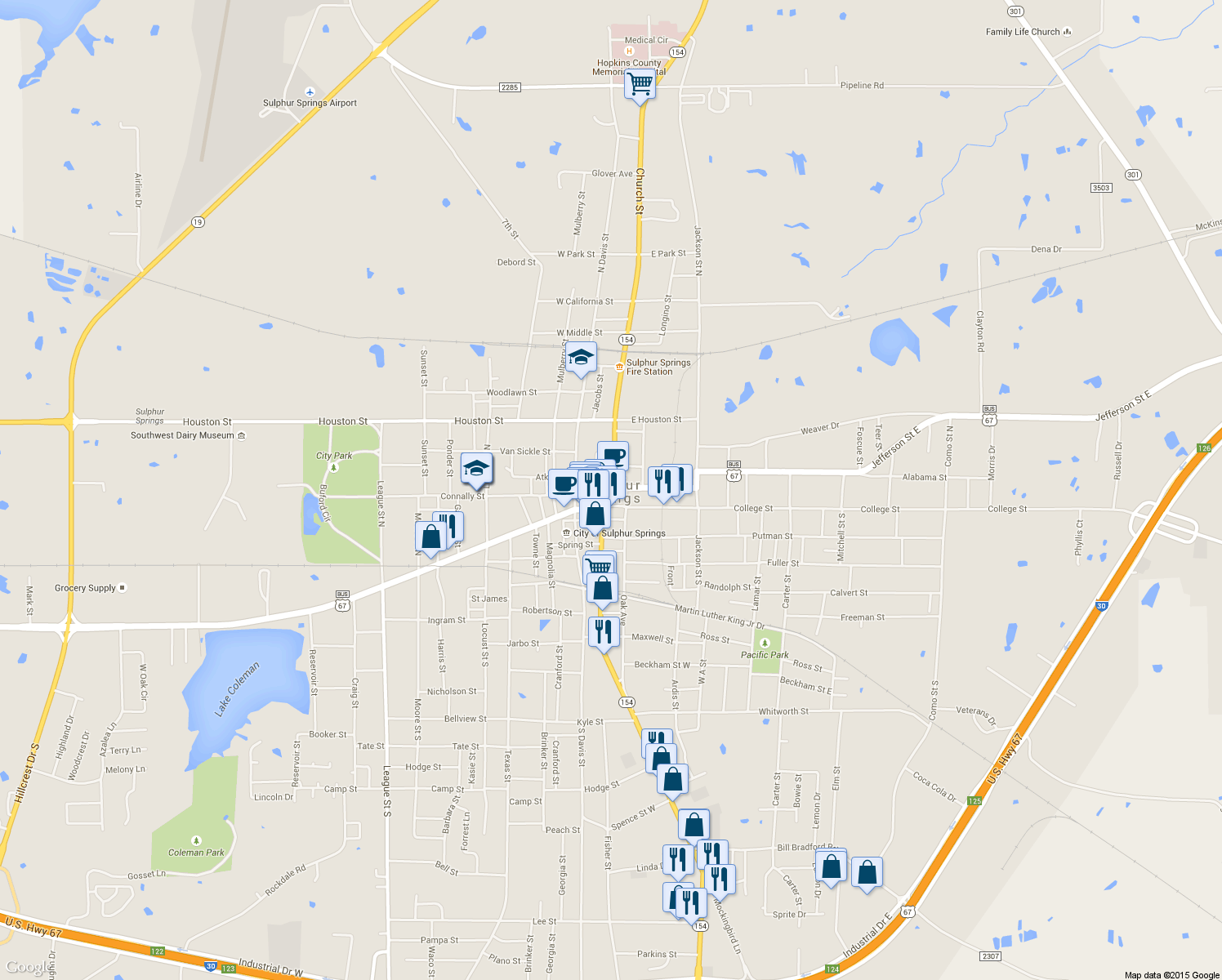 map of restaurants, bars, coffee shops, grocery stores, and more near 128 Jefferson Street West in Sulphur Springs