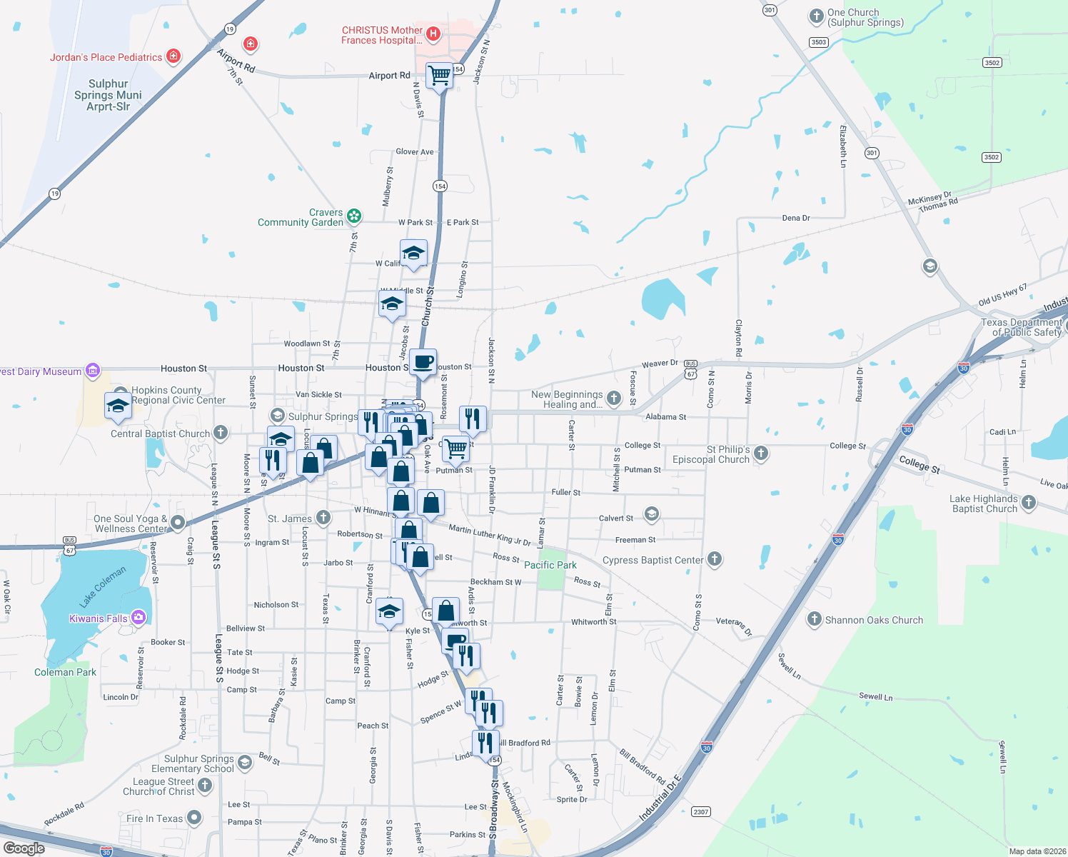 map of restaurants, bars, coffee shops, grocery stores, and more near 132 Lundy Street in Sulphur Springs