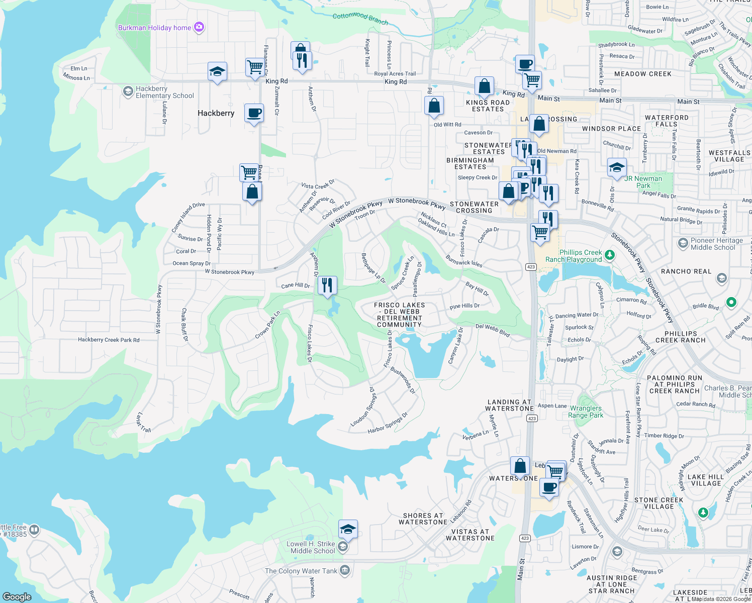 map of restaurants, bars, coffee shops, grocery stores, and more near 7135 Maumee Valley Ct in Frisco