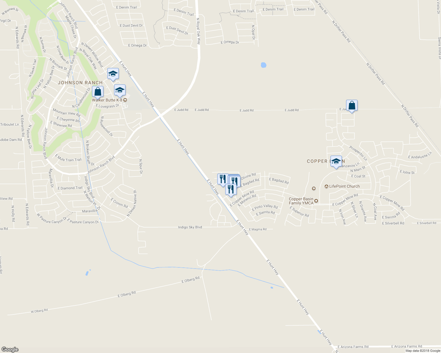 map of restaurants, bars, coffee shops, grocery stores, and more near 2376 East Olivine Road in San Tan Valley
