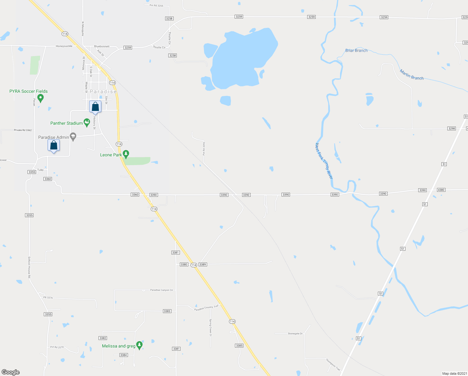 map of restaurants, bars, coffee shops, grocery stores, and more near 964 County Road 3390 in Paradise