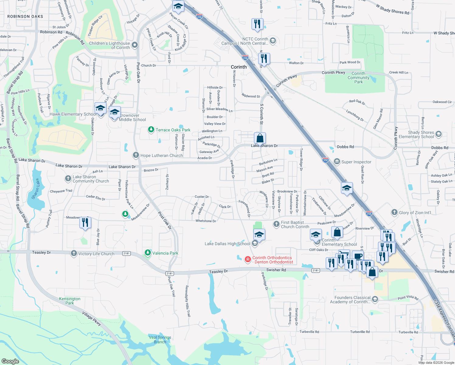 map of restaurants, bars, coffee shops, grocery stores, and more near 2710 Warwick Drive in Corinth
