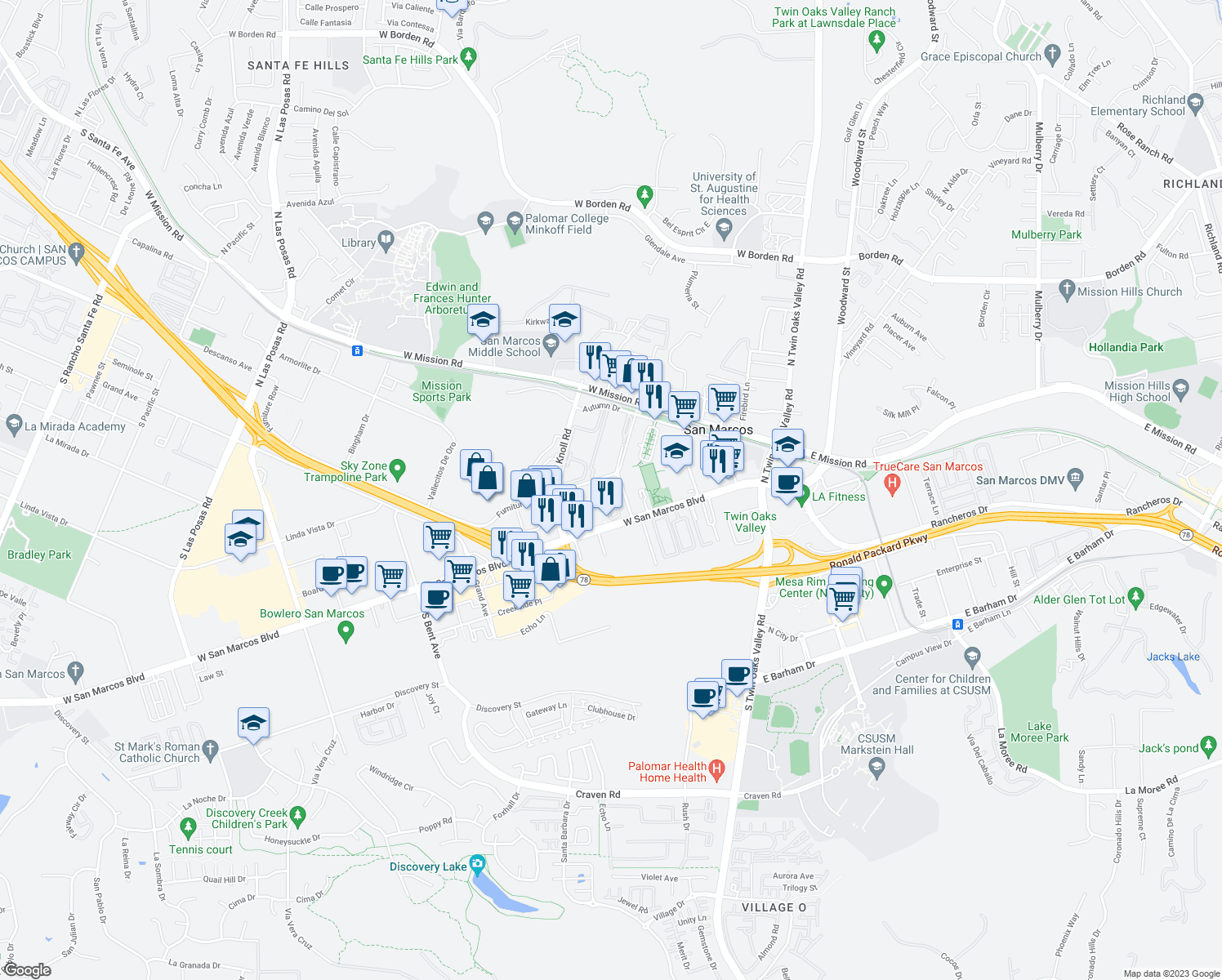 map of restaurants, bars, coffee shops, grocery stores, and more near 252-272 Los Vallecitos Boulevard in San Marcos
