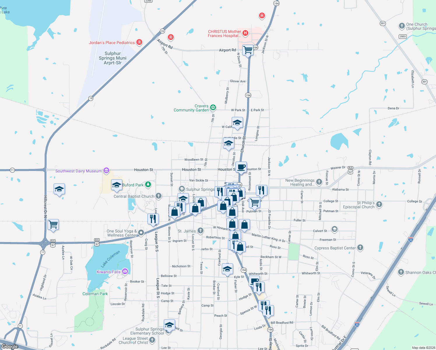 map of restaurants, bars, coffee shops, grocery stores, and more near 309 Mulberry St in Sulphur Springs