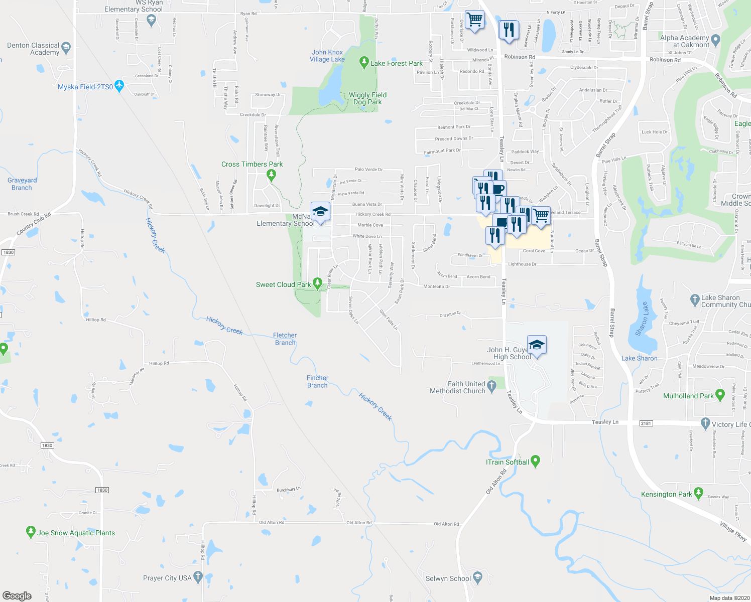 map of restaurants, bars, coffee shops, grocery stores, and more near 8512 Serenity Way in Denton