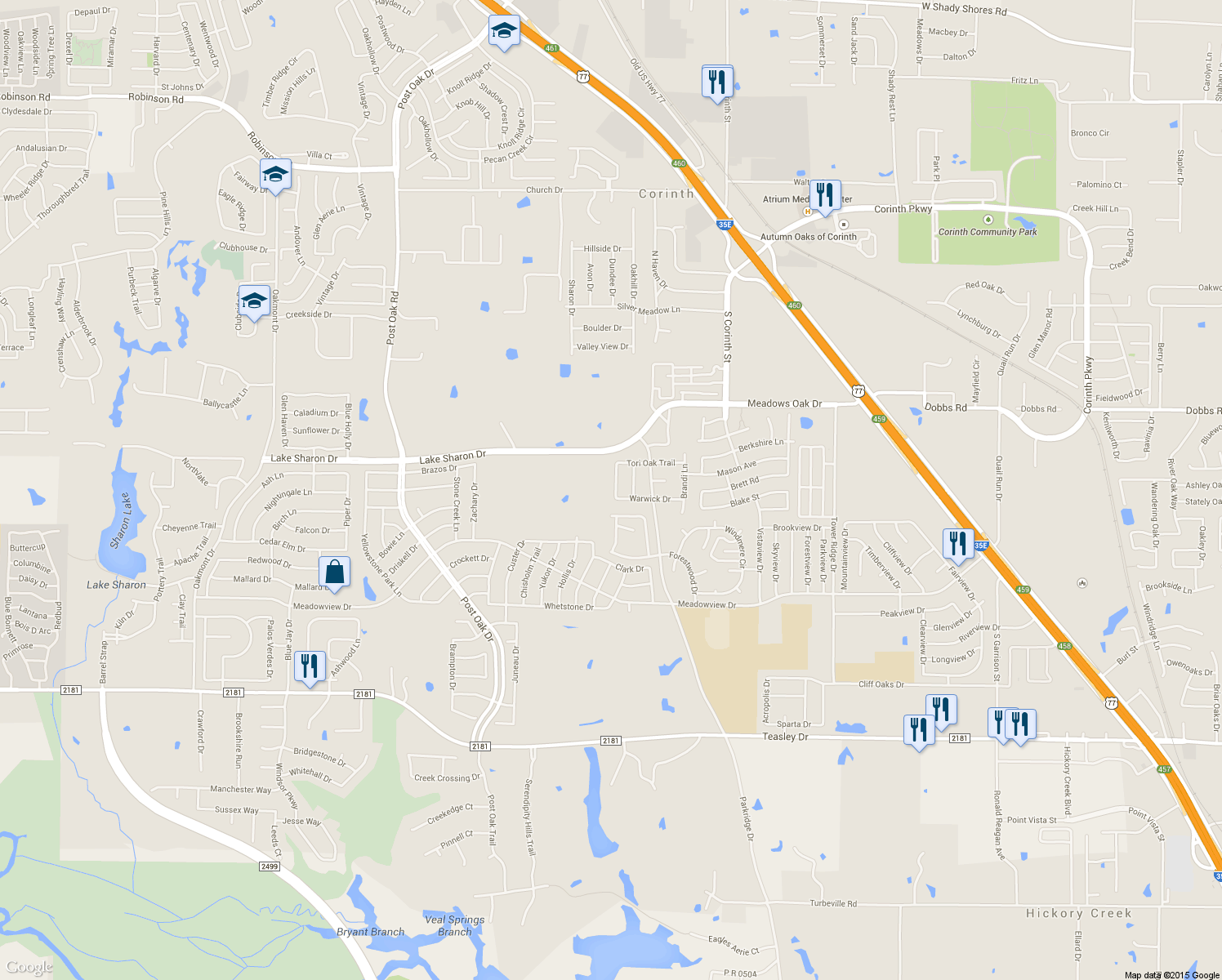 map of restaurants, bars, coffee shops, grocery stores, and more near 2613 Trinity Terrace in Corinth