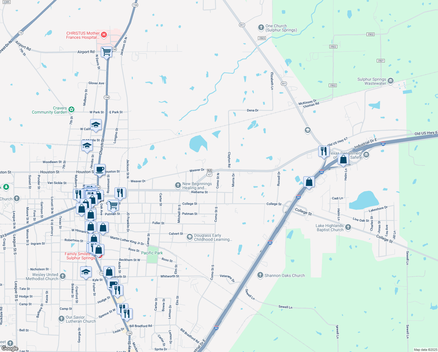 map of restaurants, bars, coffee shops, grocery stores, and more near 327 Como Street North in Sulphur Springs