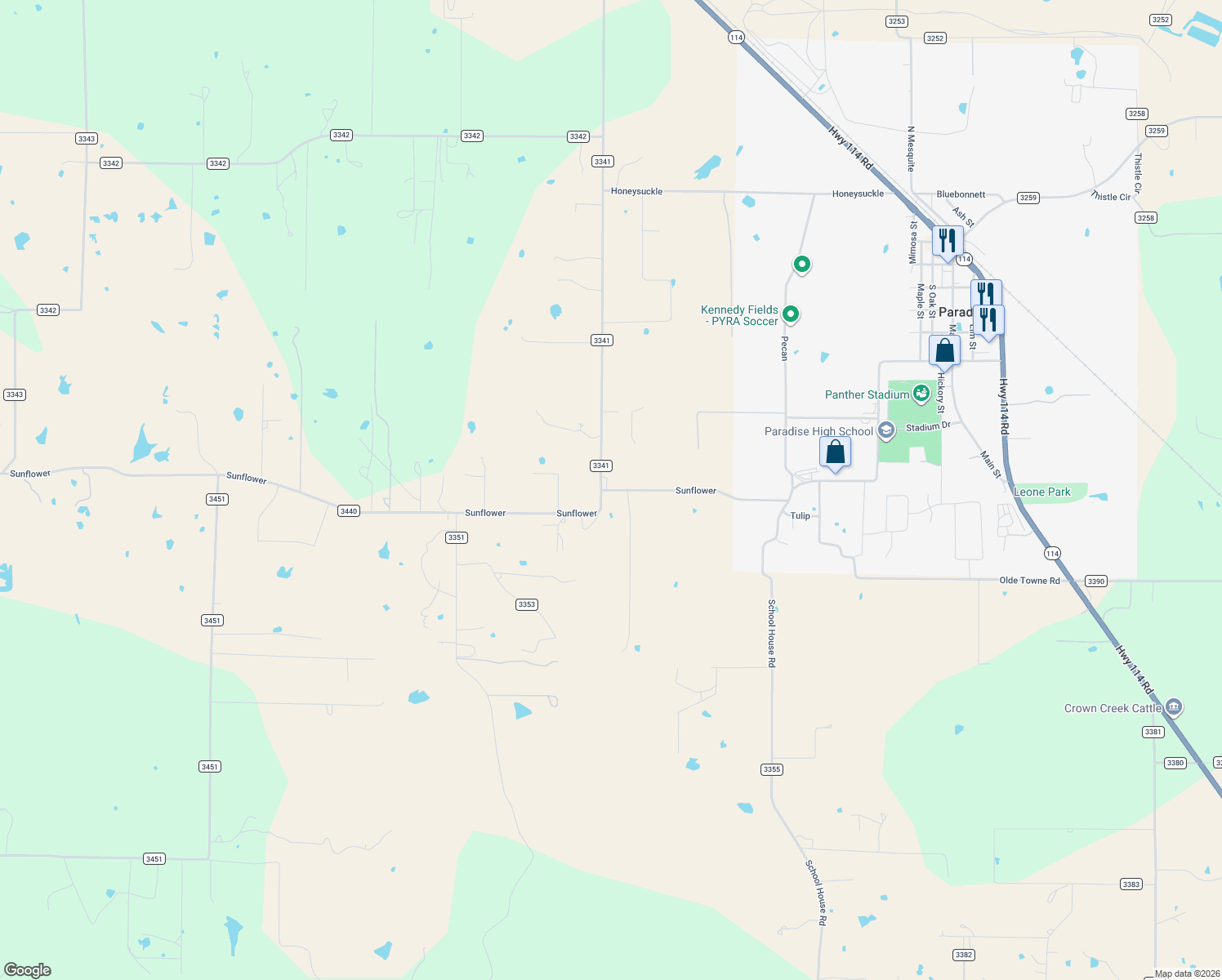 map of restaurants, bars, coffee shops, grocery stores, and more near 711 Sunflower in Paradise