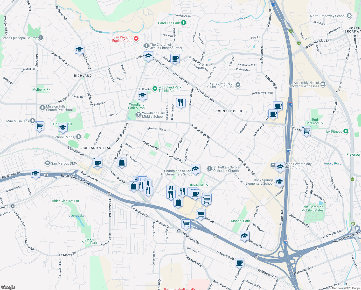 map of restaurants, bars, coffee shops, grocery stores, and more near 586 Tam O Shanter Drive in San Marcos