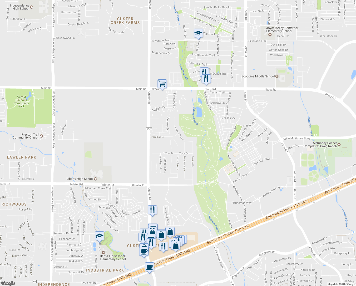 map of restaurants, bars, coffee shops, grocery stores, and more near 5705 Heron Bay Lane in McKinney