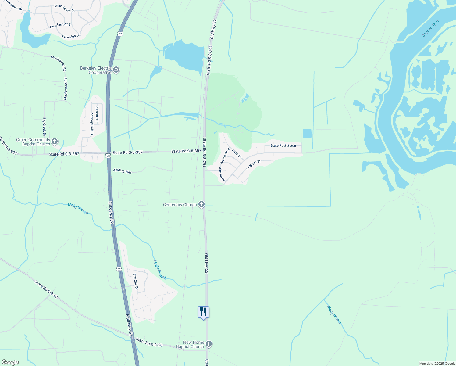 map of restaurants, bars, coffee shops, grocery stores, and more near 1066 Ot Wallace Boulevard in Moncks Corner
