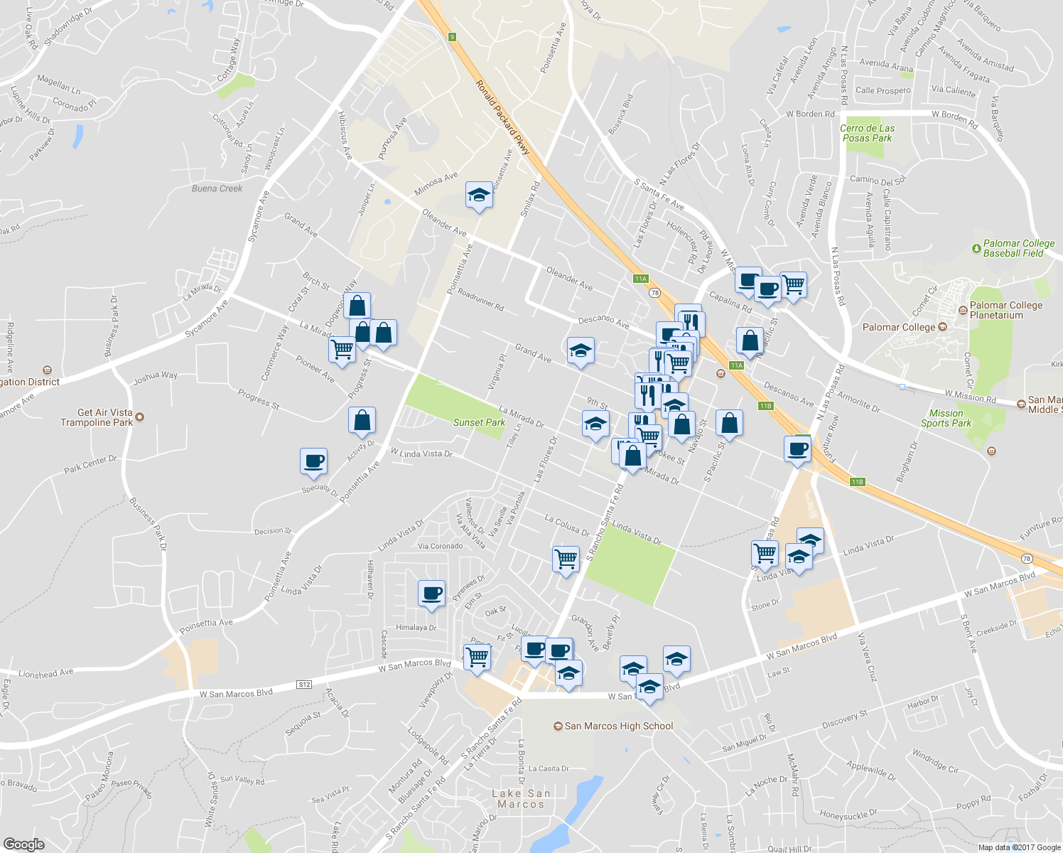map of restaurants, bars, coffee shops, grocery stores, and more near 3529 La Mirada Drive in San Marcos