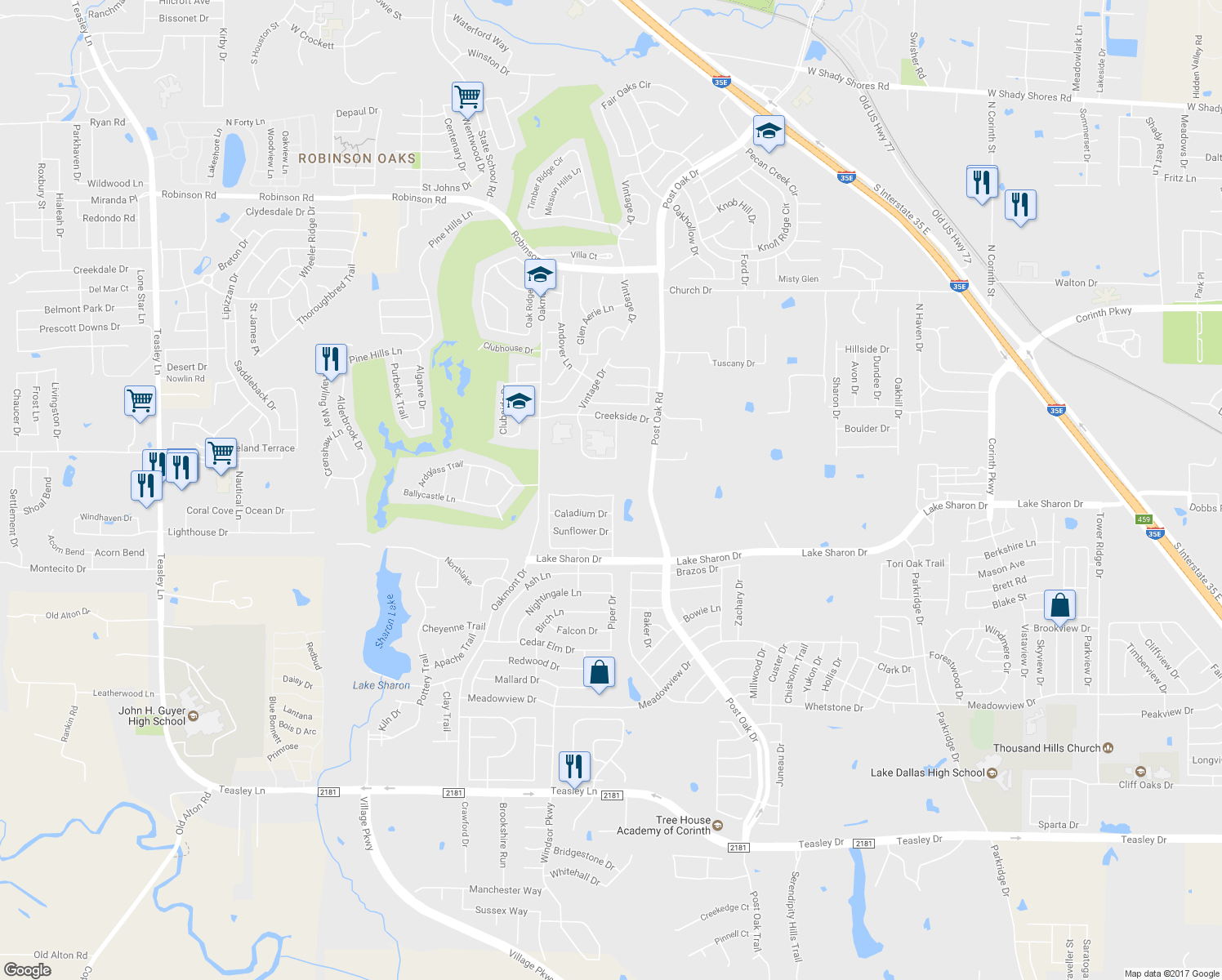 map of restaurants, bars, coffee shops, grocery stores, and more near 1815 Morning Glory Drive in Corinth