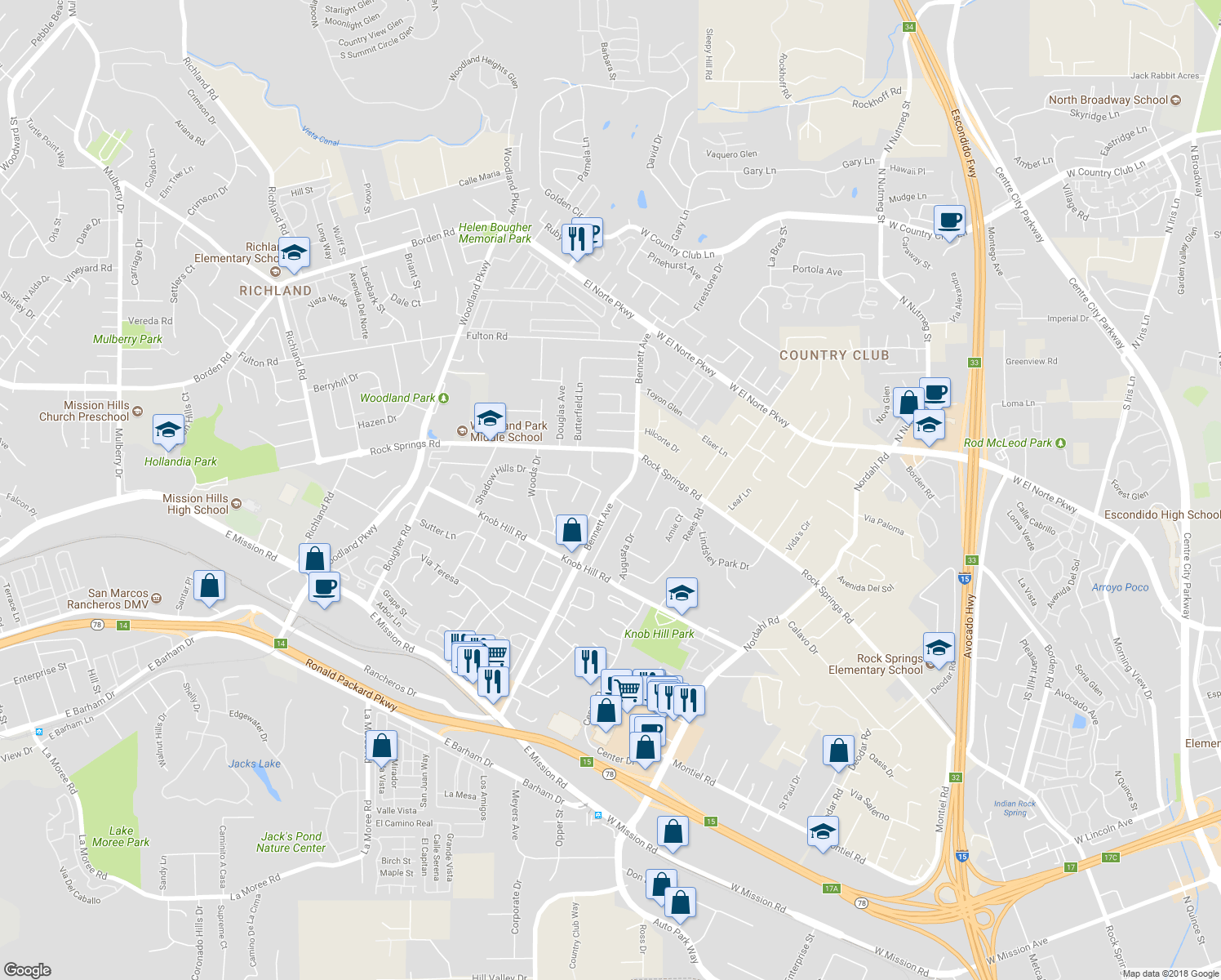 map of restaurants, bars, coffee shops, grocery stores, and more near 639 Butterwood Avenue in San Marcos