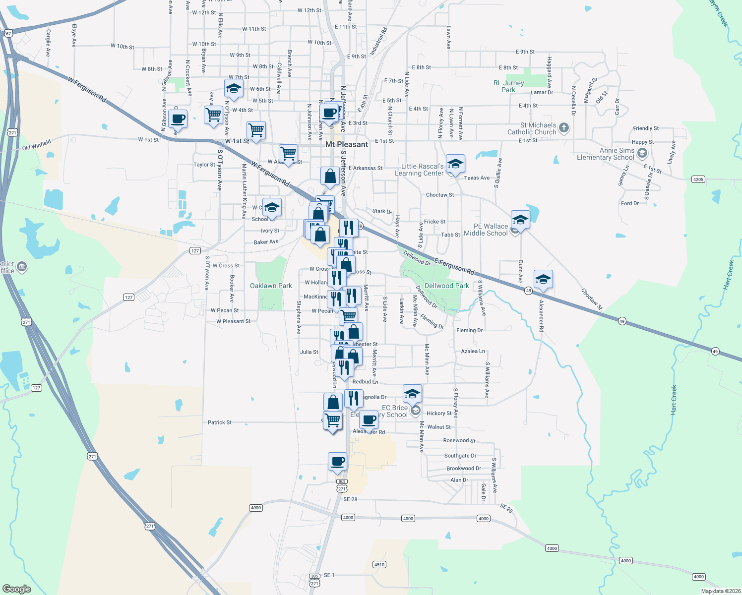 map of restaurants, bars, coffee shops, grocery stores, and more near 1105 Merritt Avenue in Mount Pleasant