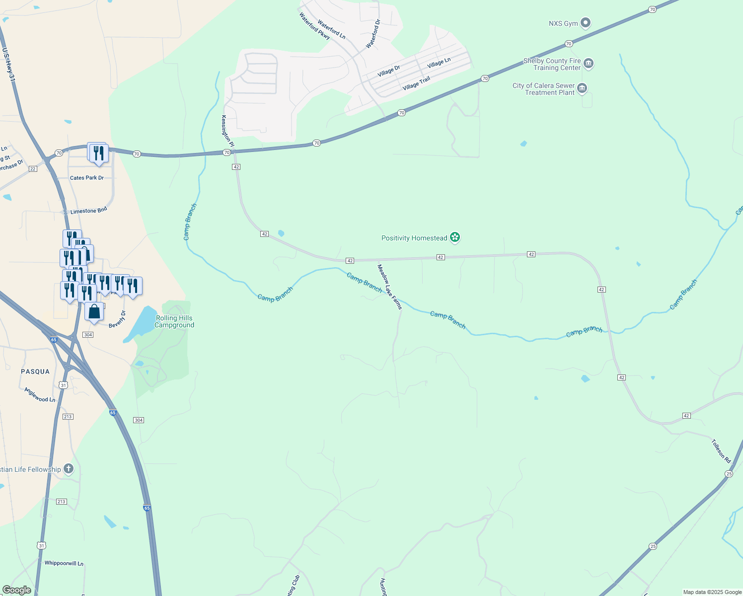 map of restaurants, bars, coffee shops, grocery stores, and more near 170 Meadow Lake Farms in Calera