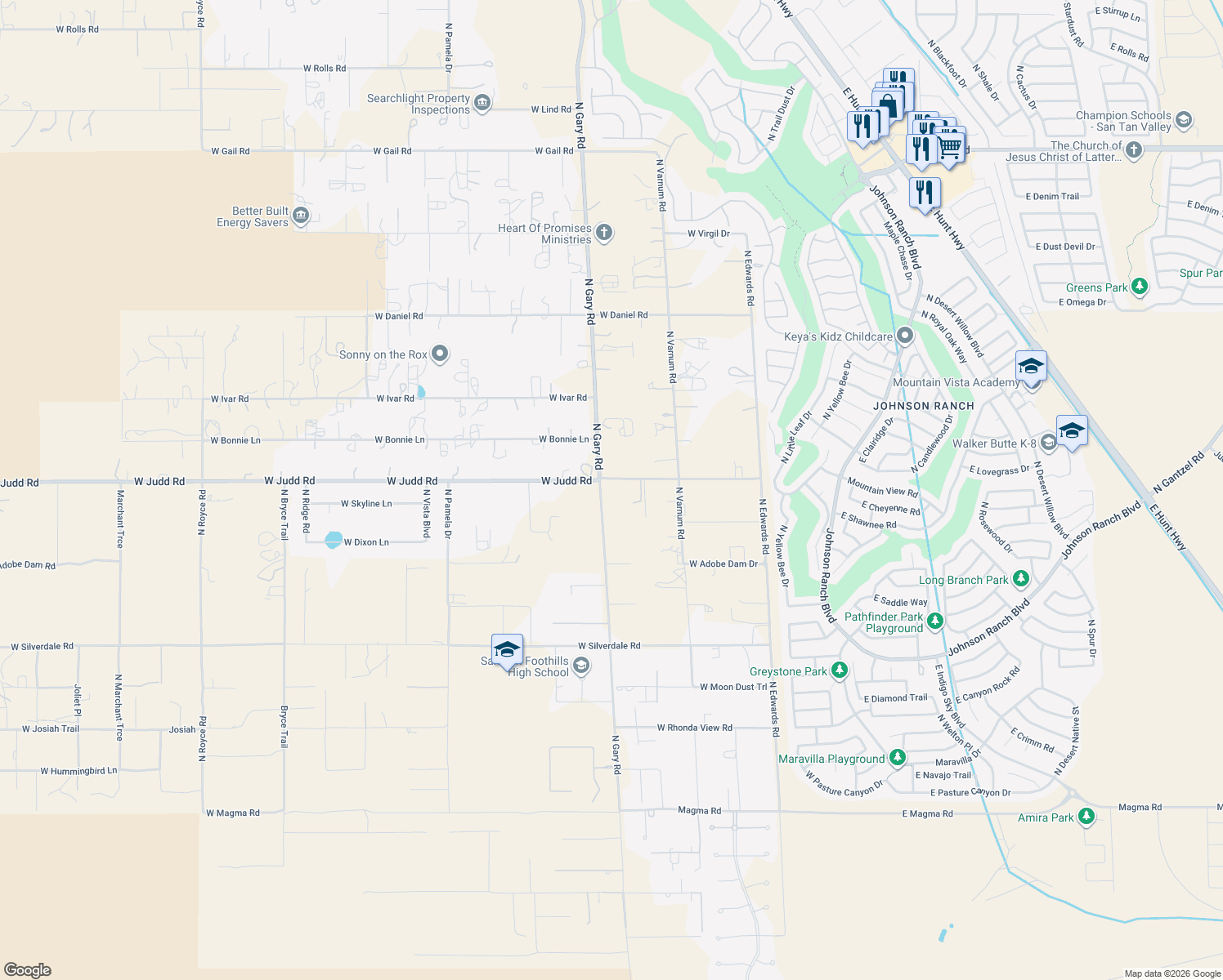 map of restaurants, bars, coffee shops, grocery stores, and more near 29437 North Gary Road in Queen Creek