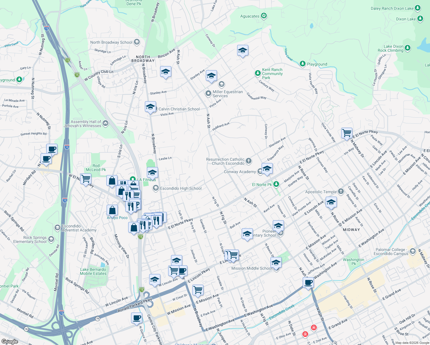 map of restaurants, bars, coffee shops, grocery stores, and more near 810 Jacaranda Pl in Escondido